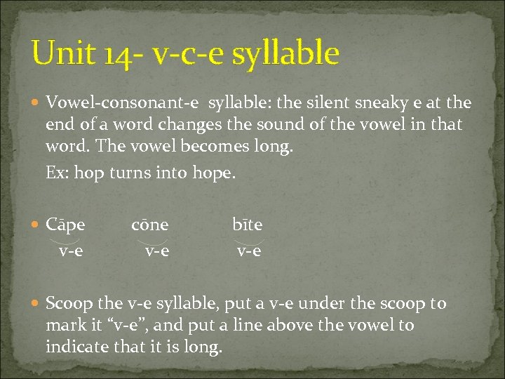 Unit 14 - v-c-e syllable Vowel-consonant-e syllable: the silent sneaky e at the end