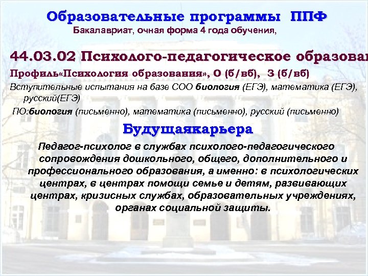 Образовательные программы ППФ Бакалавриат, очная форма 4 года обучения, 44. 03. 02 Психолого-педагогическое образован