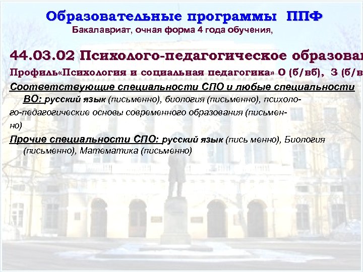 Образовательные программы ППФ Бакалавриат, очная форма 4 года обучения, 44. 03. 02 Психолого-педагогическое образован