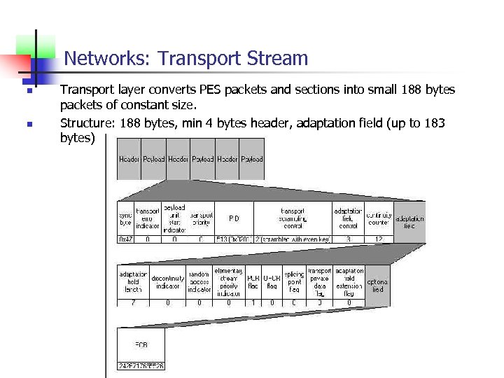 Networks: Transport Stream n n Transport layer converts PES packets and sections into small