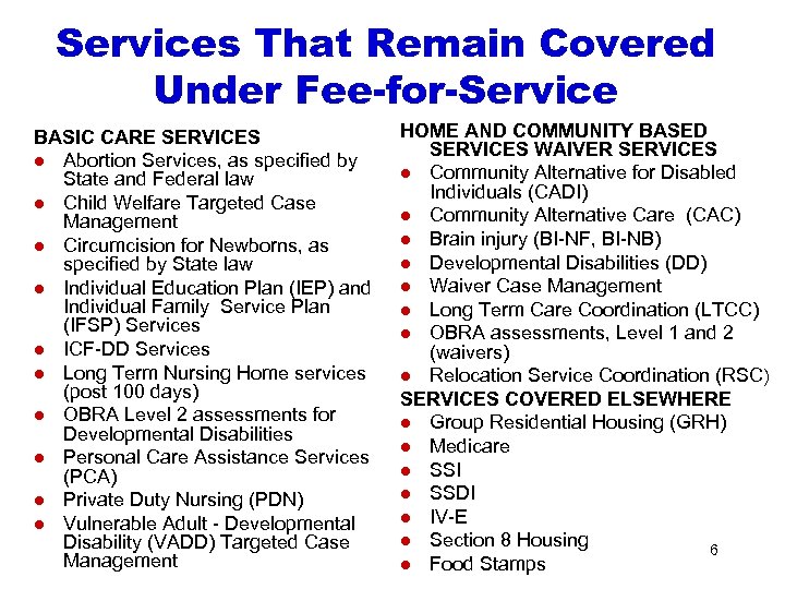Services That Remain Covered Under Fee-for-Service BASIC CARE SERVICES l Abortion Services, as specified