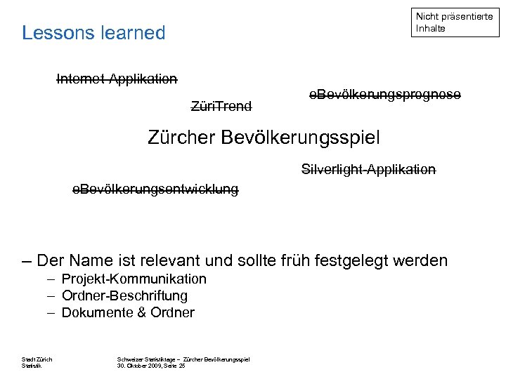 Nicht präsentierte Inhalte Lessons learned Internet-Applikation Züri. Trend e. Bevölkerungsprognose Zürcher Bevölkerungsspiel Silverlight-Applikation e.