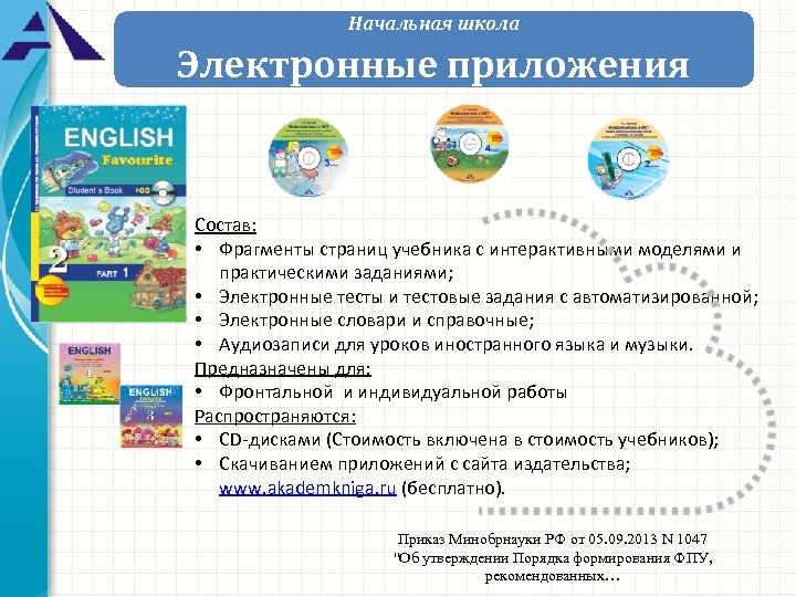 Начальная школа Электронные приложения Состав: • Фрагменты страниц учебника с интерактивными моделями и практическими