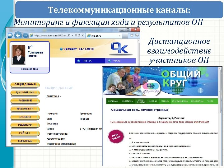 Телекоммуникационные каналы: Мониторинг и фиксация хода и результатов ОП Дистанционное взаимодействие участников ОП 