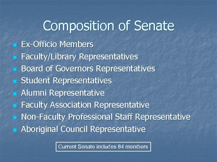 Composition of Senate n n n n Ex-Officio Members Faculty/Library Representatives Board of Governors