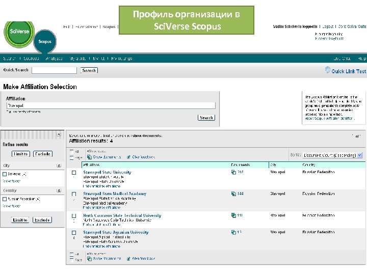 Профиль организации в Sci. Verse Scopus 