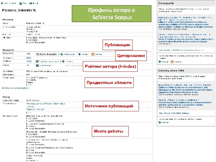 Профиль автора в Sci. Verse Scopus Публикации Цитирование Рейтинг автора (h-index) Предметные области Источники