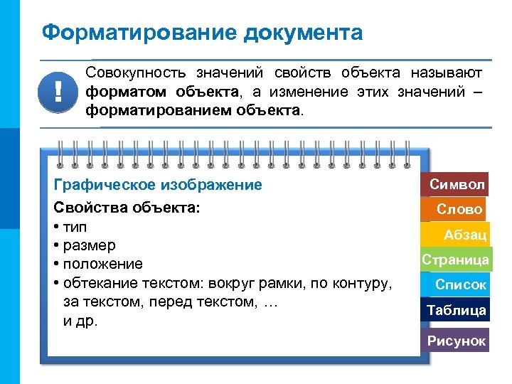 МК Форматирование документа ! Совокупность значений свойств объекта называют форматом объекта, а изменение этих