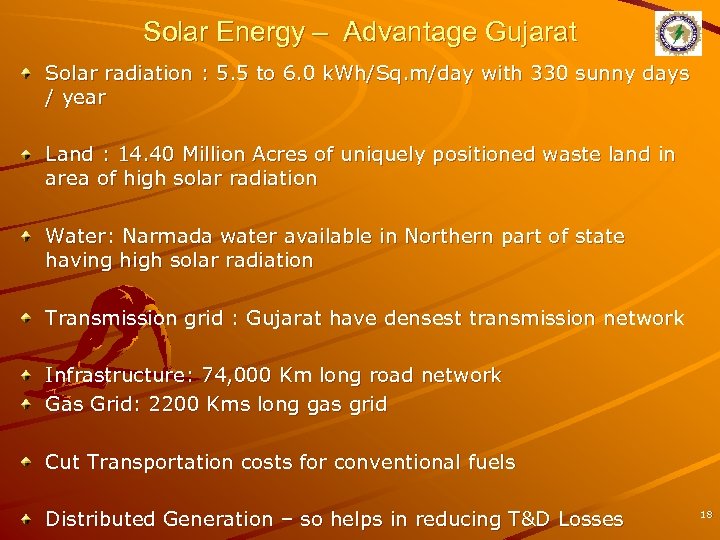 Solar Energy – Advantage Gujarat Solar radiation : 5. 5 to 6. 0 k.