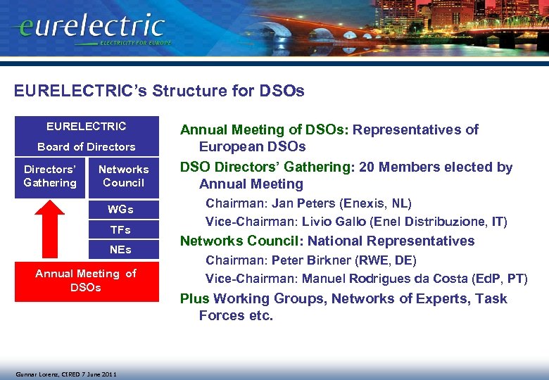 EURELECTRIC’s Structure for DSOs EURELECTRIC Board of Directors’ Gathering Networks Council WGs TFs NEs