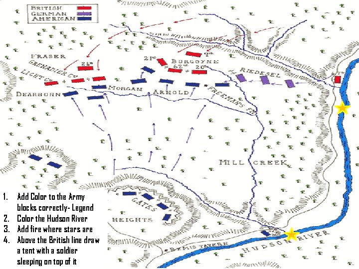 1. Add Color to the Army blocks correctly- Legend 2. Color the Hudson River