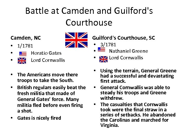Battle at Camden and Guilford's Courthouse Camden, NC Guilford's Courthouse, SC • 1/1781 •