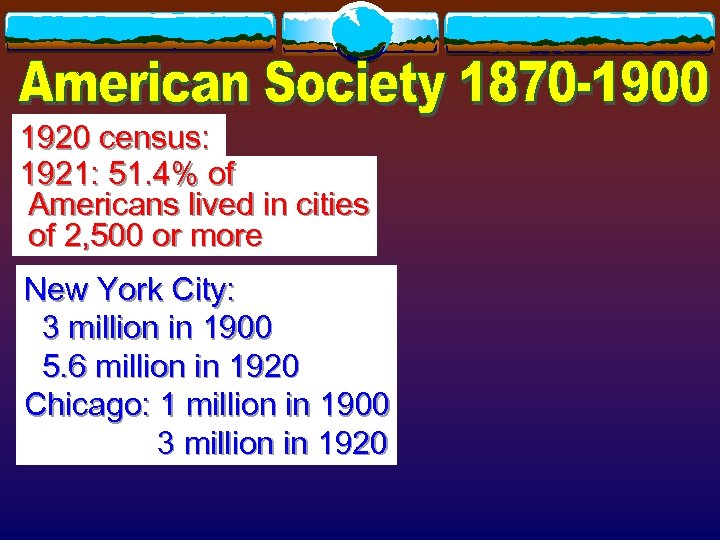 1920 census: 1921: 51. 4% of Americans lived in cities of 2, 500 or