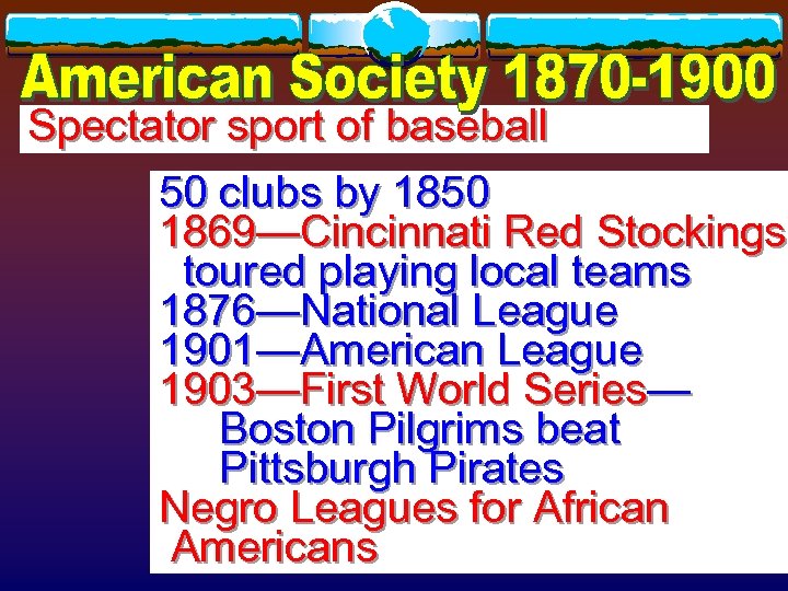 Spectator sport of baseball 50 clubs by 1850 1869—Cincinnati Red Stockings toured playing local