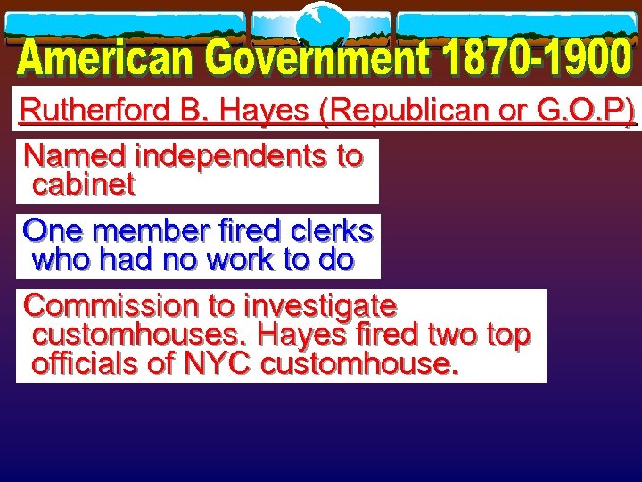 Rutherford B. Hayes (Republican or G. O. P) Named independents to cabinet One member
