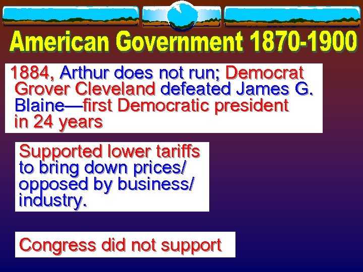 1884, Arthur does not run; Democrat Grover Cleveland defeated James G. Blaine—first Democratic president