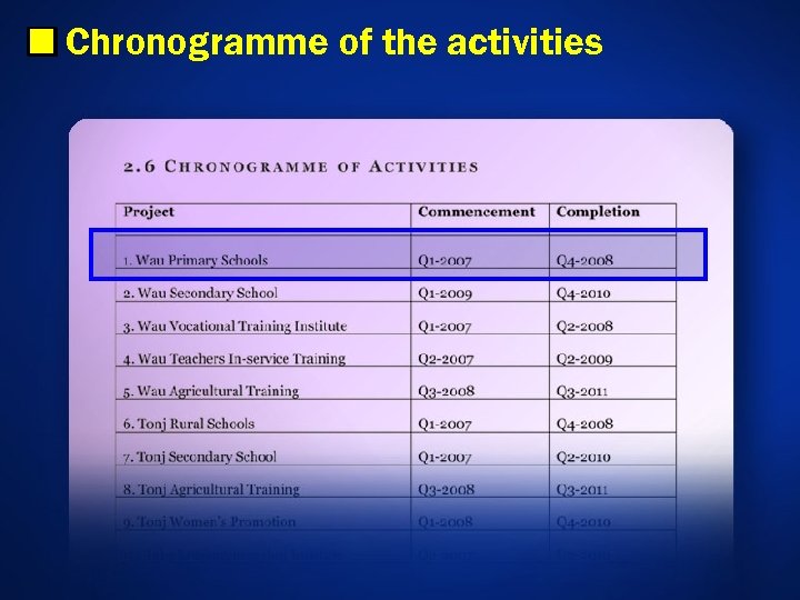 Chronogramme of the activities 