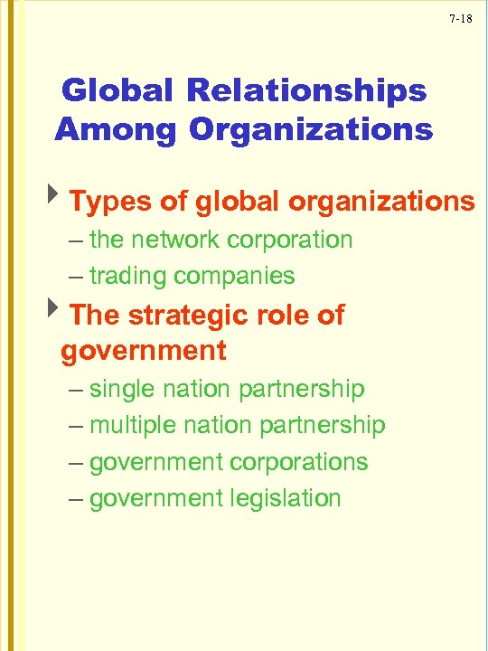 7 -18 Global Relationships Among Organizations 4 Types of global organizations – the network