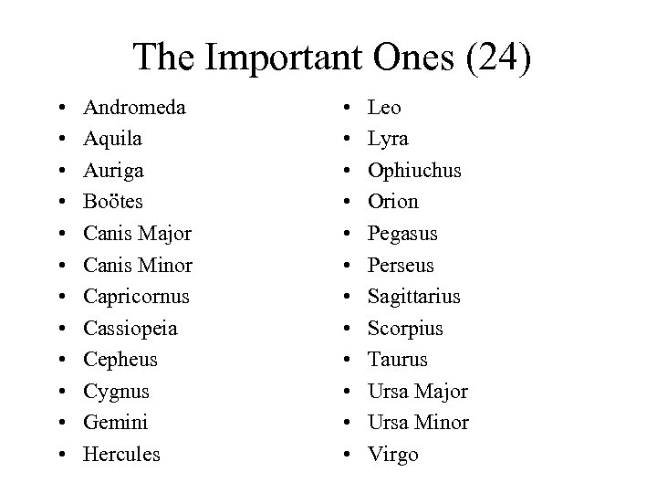 The Important Ones (24) • • • Andromeda Aquila Auriga Boötes Canis Major Canis