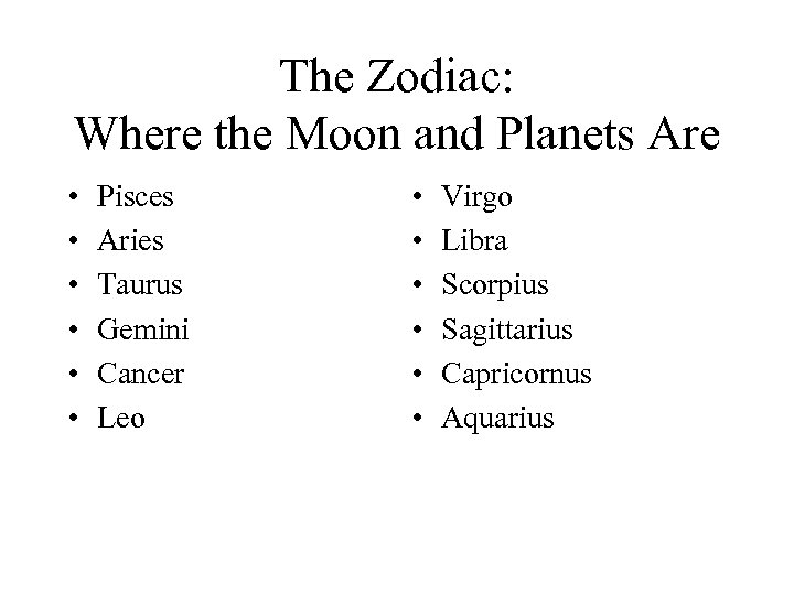 The Zodiac: Where the Moon and Planets Are • • • Pisces Aries Taurus