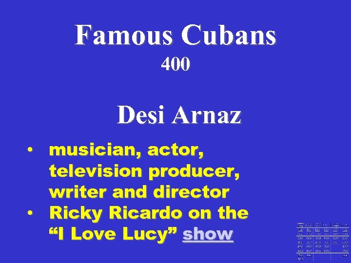 Famous Cubans 400 Desi Arnaz • musician, actor, television producer, writer and director •