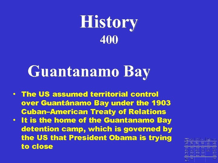 History 400 Guantanamo Bay • The US assumed territorial control over Guantánamo Bay under