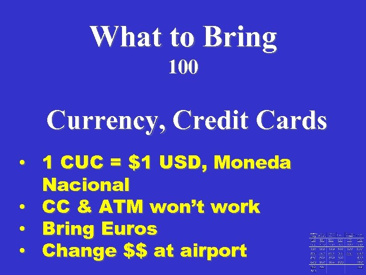 What to Bring 100 Currency, Credit Cards • 1 CUC = $1 USD, Moneda