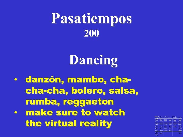 Pasatiempos 200 Dancing • danzón, mambo, chacha-cha, bolero, salsa, rumba, reggaeton • make sure