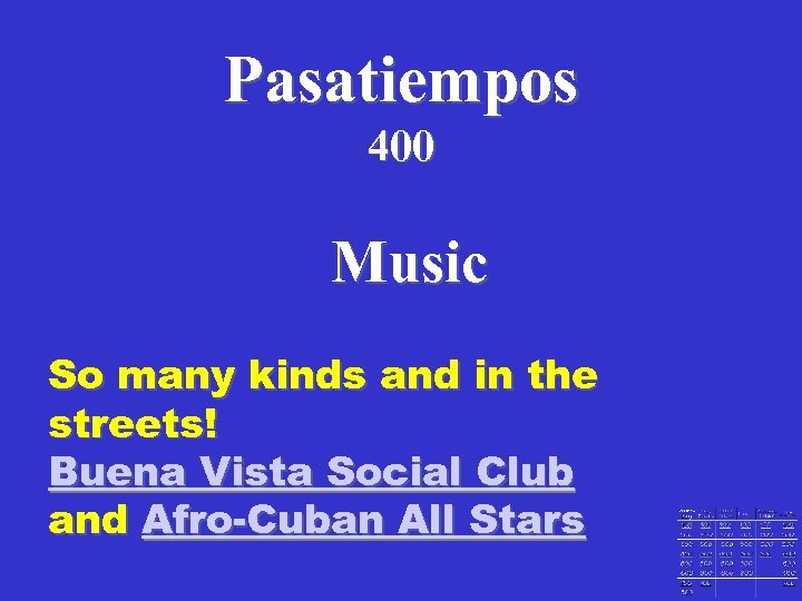 Pasatiempos 400 Music So many kinds and in the streets! Buena Vista Social Club