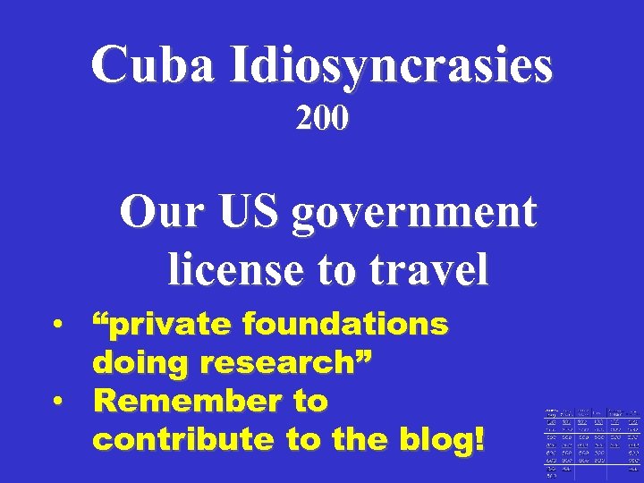 Cuba Idiosyncrasies 200 Our US government license to travel • “private foundations doing research”