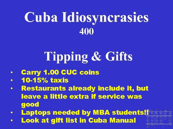 Cuba Idiosyncrasies 400 Tipping & Gifts • • • Carry 1. 00 CUC coins
