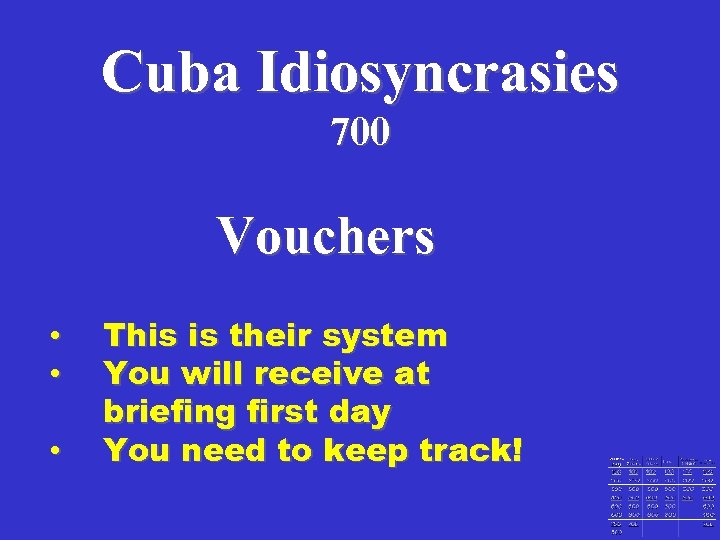 Cuba Idiosyncrasies 700 Vouchers • • • This is their system You will receive