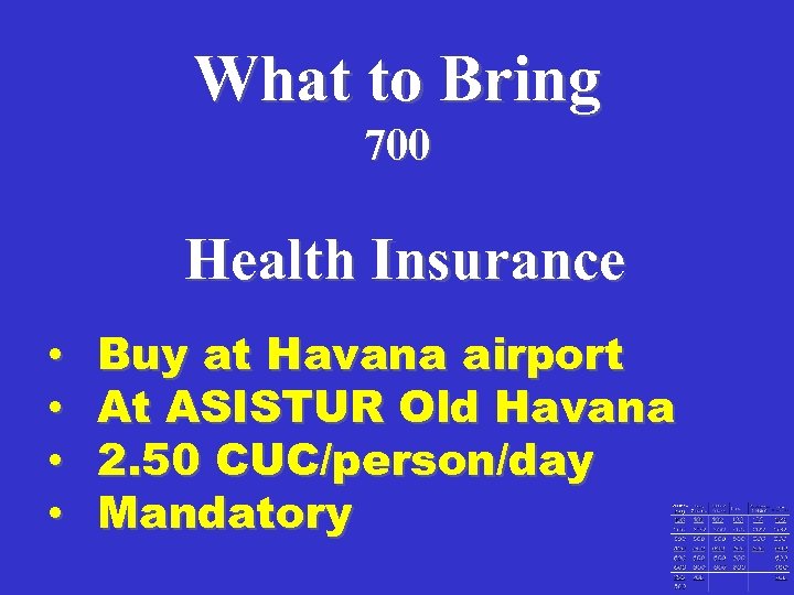 What to Bring 700 Health Insurance • • Buy at Havana airport At ASISTUR