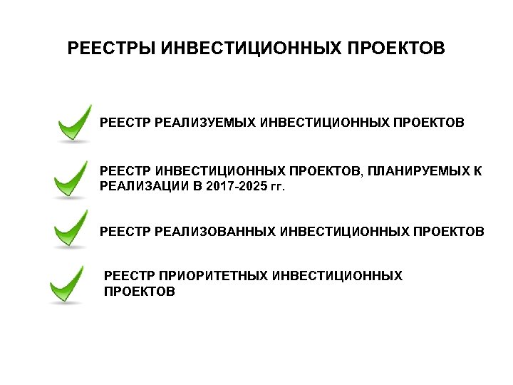 РЕЕСТРЫ ИНВЕСТИЦИОННЫХ ПРОЕКТОВ РЕЕСТР РЕАЛИЗУЕМЫХ ИНВЕСТИЦИОННЫХ ПРОЕКТОВ РЕЕСТР ИНВЕСТИЦИОННЫХ ПРОЕКТОВ, ПЛАНИРУЕМЫХ К РЕАЛИЗАЦИИ В