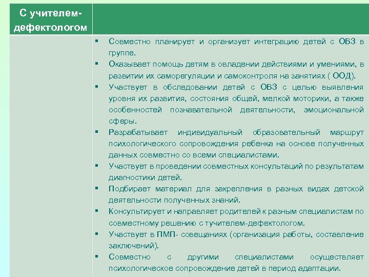 С учителемдефектологом § § § § § Совместно планирует и организует интеграцию детей с