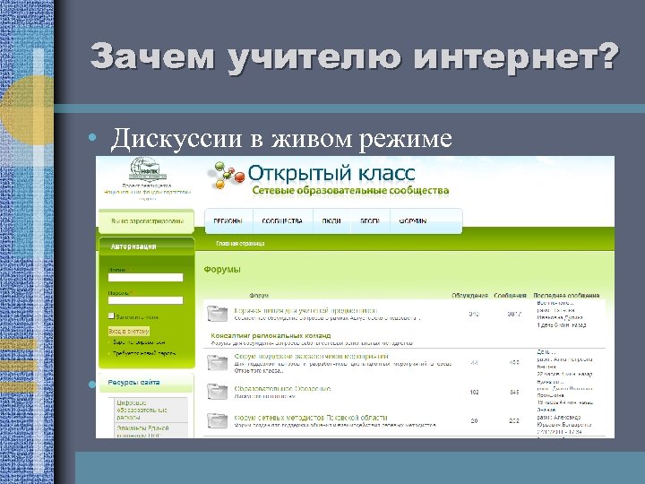 Зачем учителю интернет? • Дискуссии в живом режиме • Обмен практическими наработками 