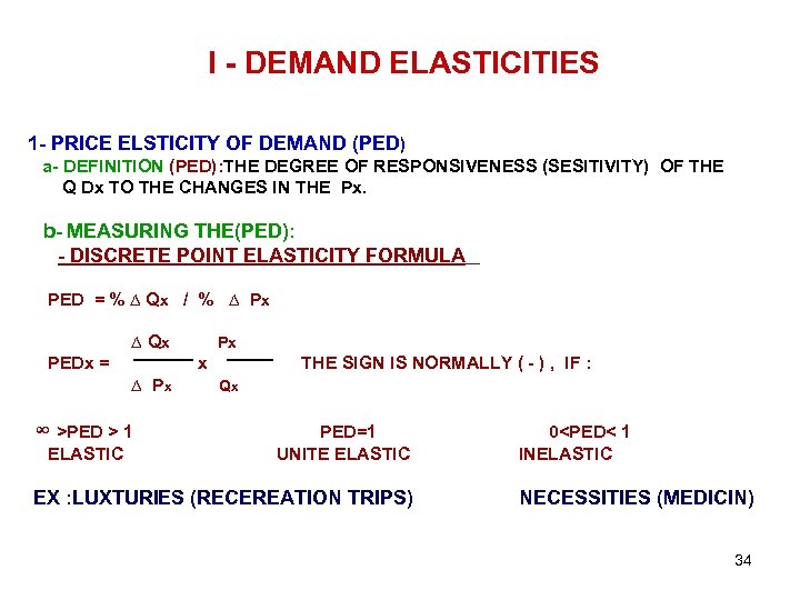 I - DEMAND ELASTICITIES 1 - PRICE ELSTICITY OF DEMAND (PED) a- DEFINITION (PED):