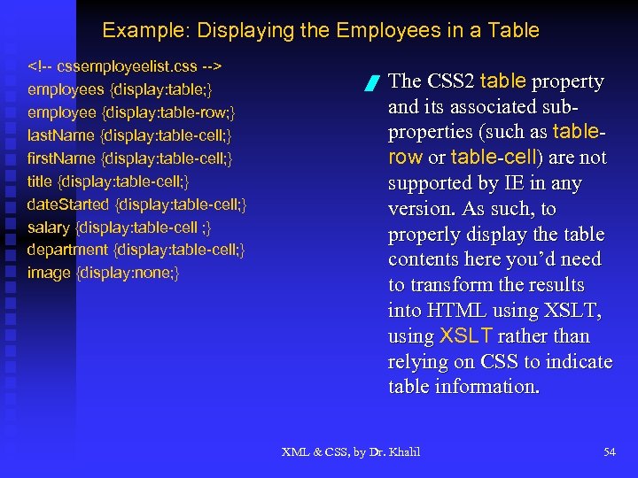 Example: Displaying the Employees in a Table <!-- cssemployeelist. css --> employees {display: table;