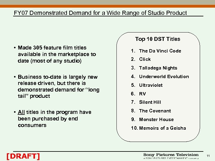 FY 07 Demonstrated Demand for a Wide Range of Studio Product Top 10 DST