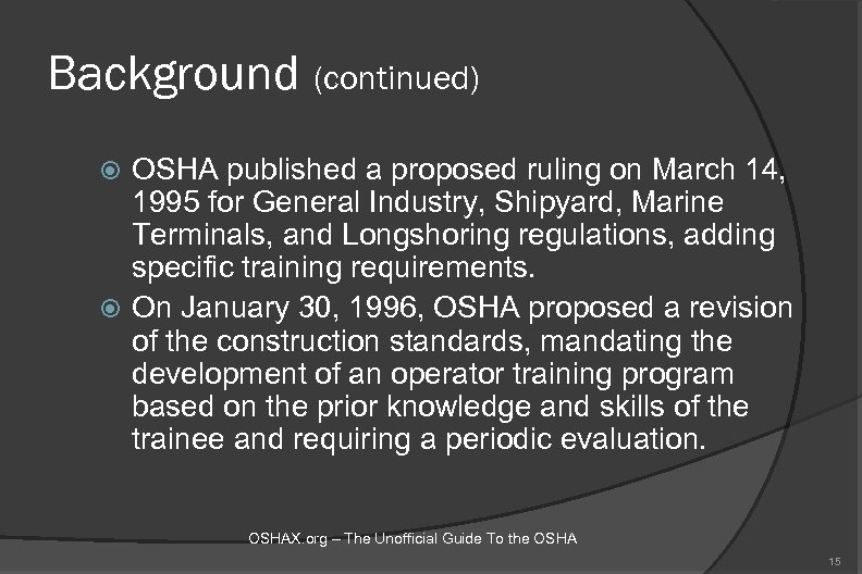 Background (continued) OSHA published a proposed ruling on March 14, 1995 for General Industry,
