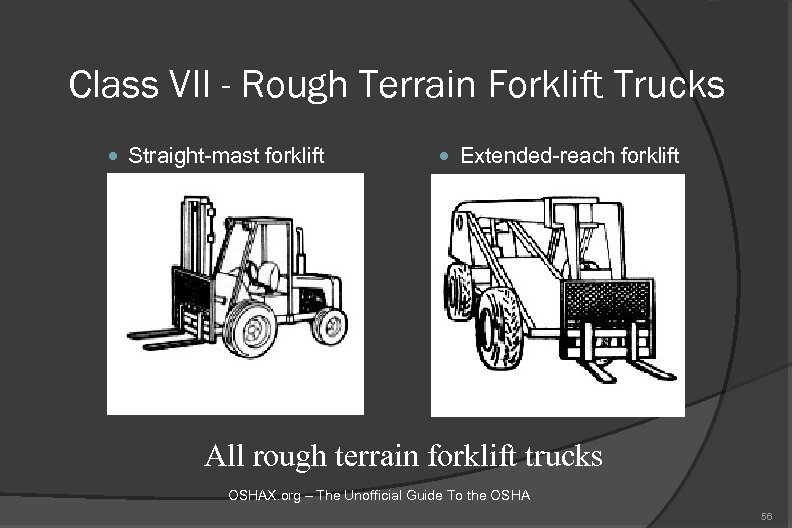 Class VII - Rough Terrain Forklift Trucks Straight-mast forklift Extended-reach forklift All rough terrain