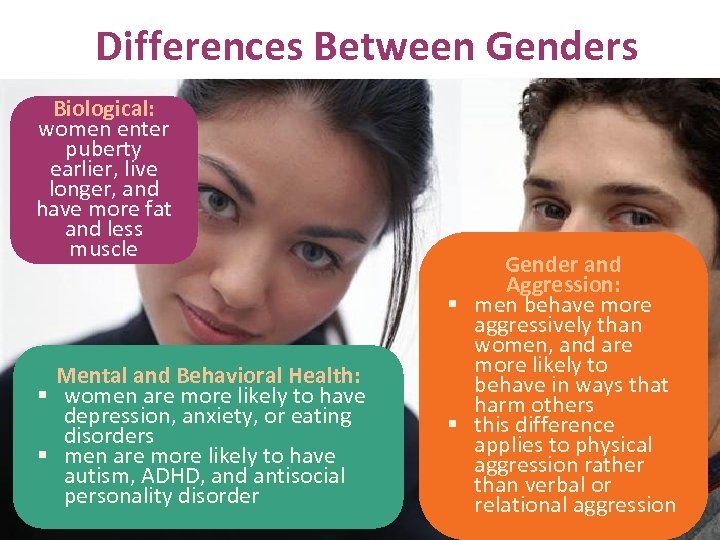 Differences Between Genders Biological: women enter puberty earlier, live longer, and have more fat