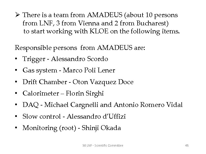 Ø There is a team from AMADEUS (about 10 persons from LNF, 3 from