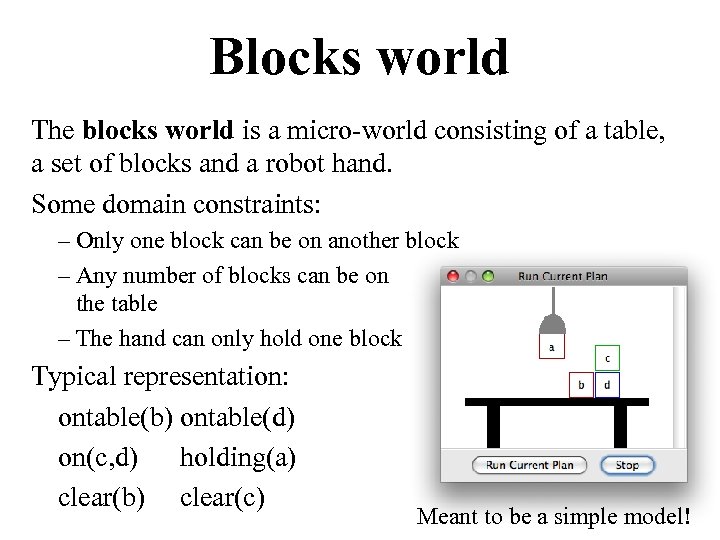 Blocks world The blocks world is a micro-world consisting of a table, a set