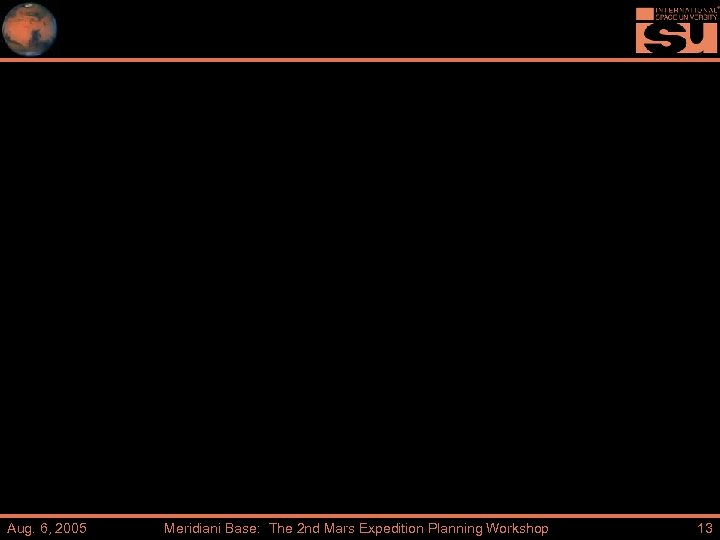 Aug. 6, 2005 Meridiani Base: The 2 nd Mars Expedition Planning Workshop 13 