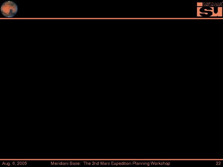 Aug. 6, 2005 Meridiani Base: The 2 nd Mars Expedition Planning Workshop 22 