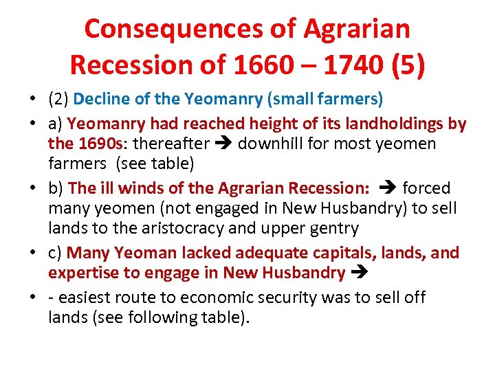 Consequences of Agrarian Recession of 1660 – 1740 (5) • (2) Decline of the