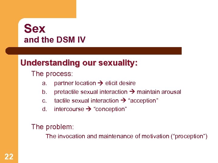 Sex and the DSM IV Understanding our sexuality: The process: a. b. c. d.