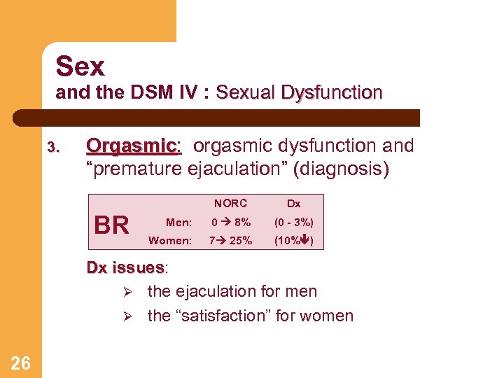 Sex and the DSM IV : Sexual Dysfunction 3. Orgasmic: orgasmic dysfunction and Orgasmic