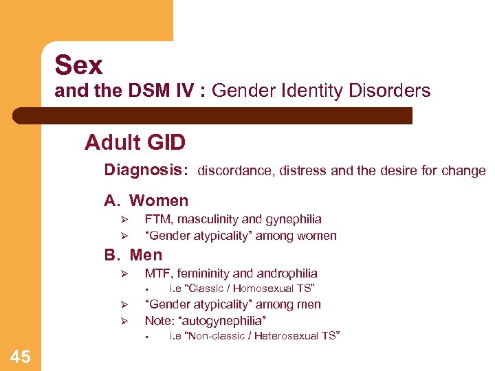 Sex and the DSM IV : Gender Identity Disorders Adult GID Diagnosis: discordance, distress